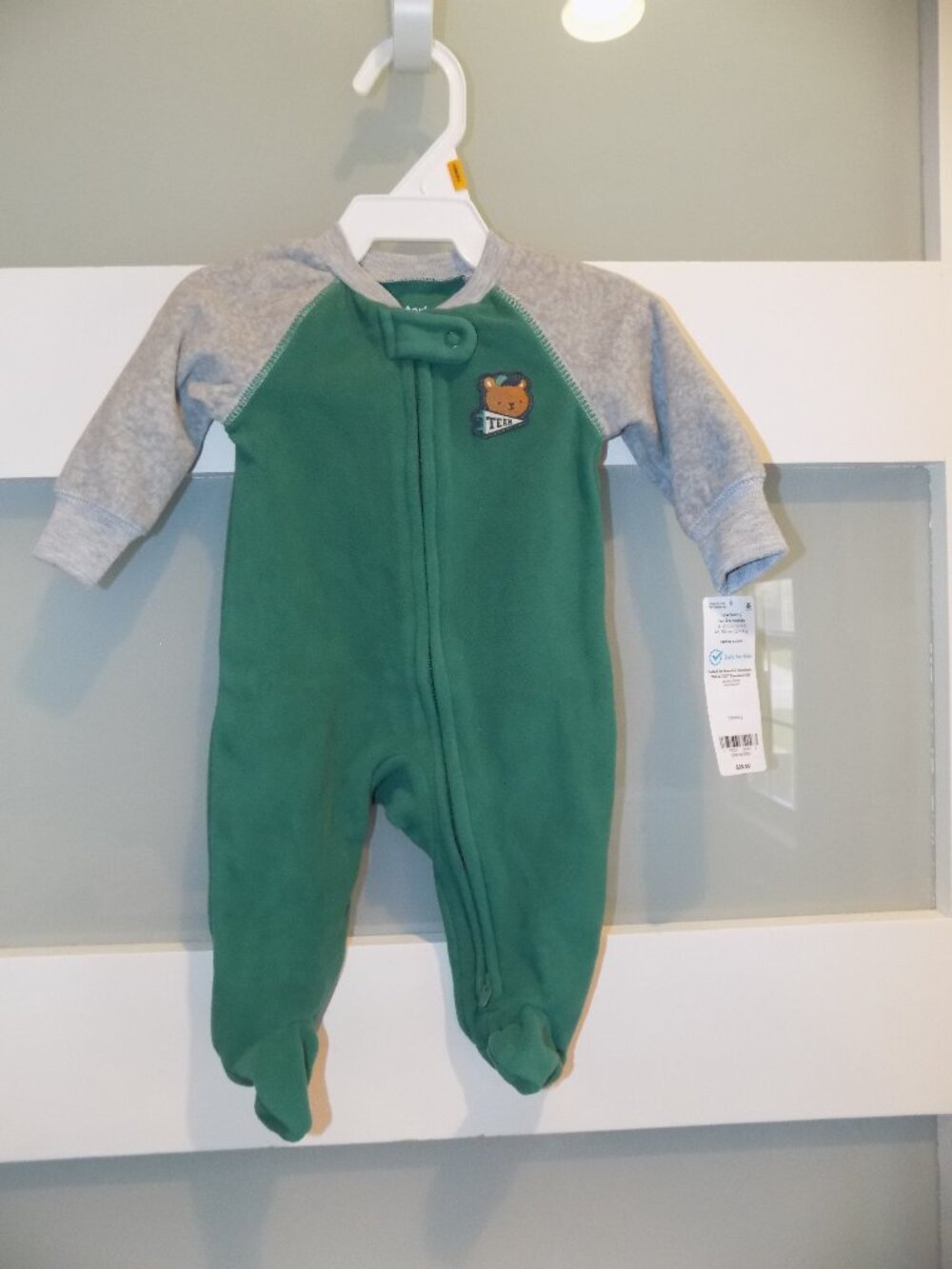 Carter's Green/Gray Teddy Bear Team 2 Way Zipper Footie Size Newborn Boy's New